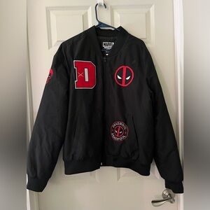 Men’s Marvel Deadpool Bomber Jacket Black red and white patches, logo, face L
